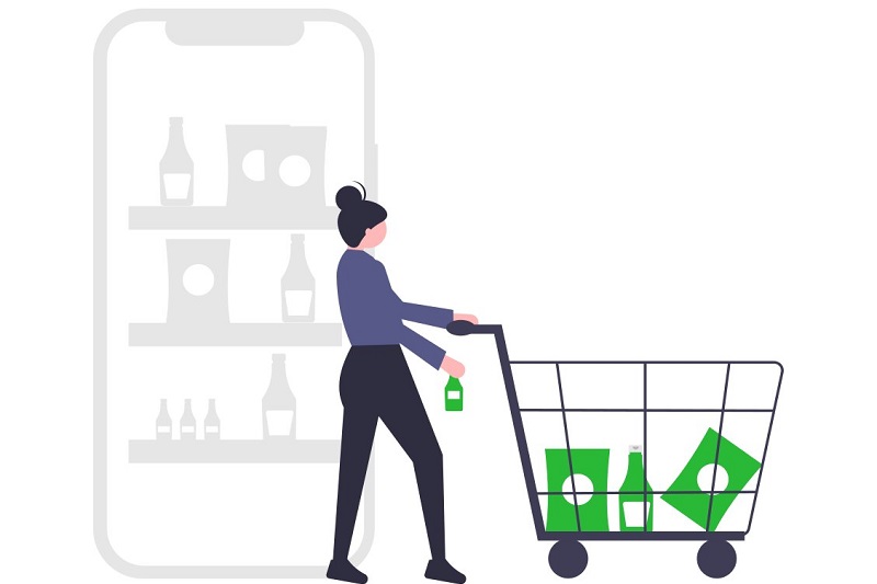 Illustration of woman with a trolley food shopping