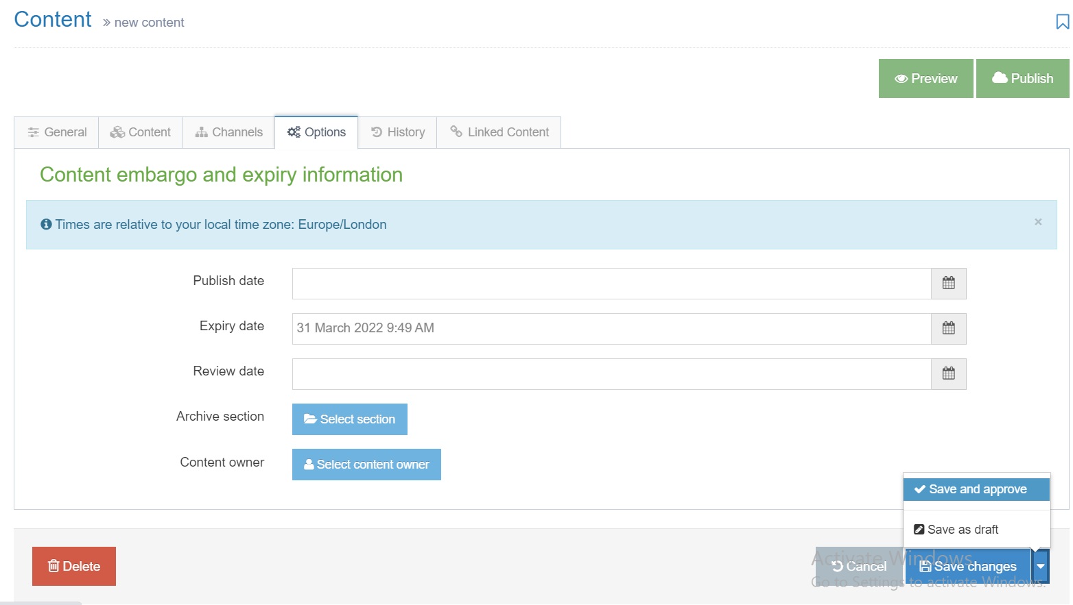 A set date and time in the Expire Content Options Field