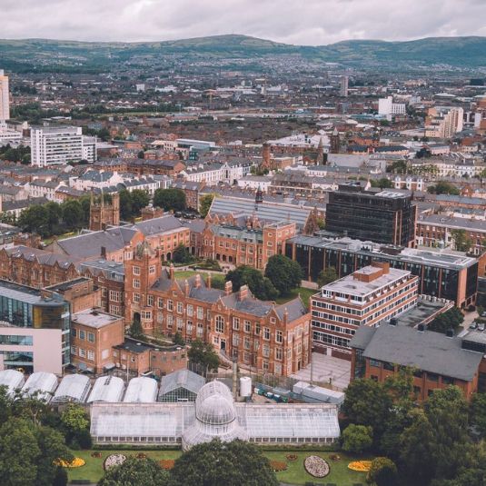 An aerial view of the campus from the south