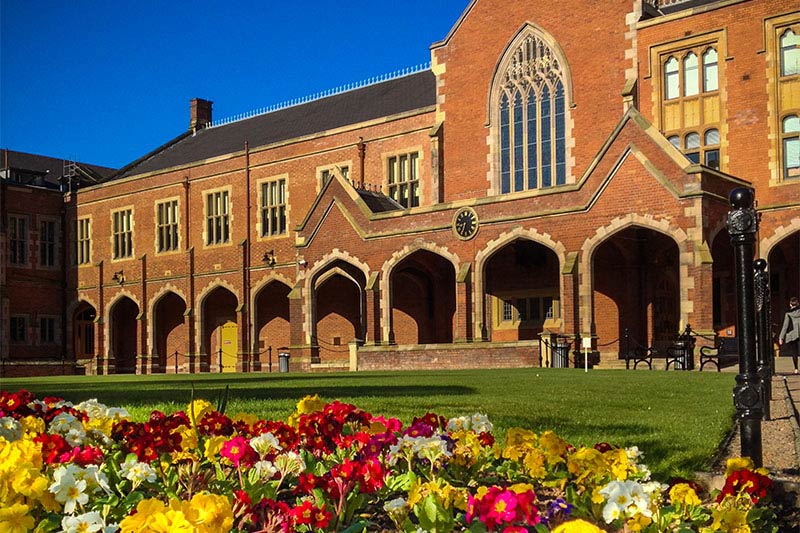 Close up of flowers in the Quad with Lanyon in the background