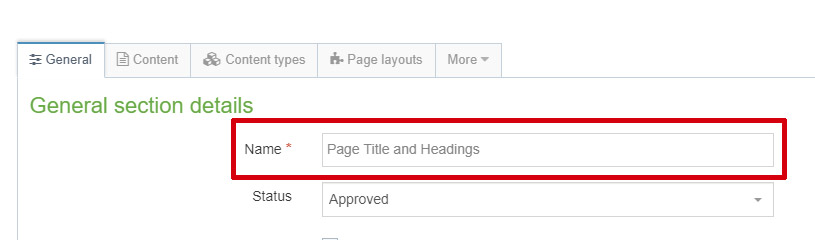 Name field in the General section details under the general tab highlighted in red