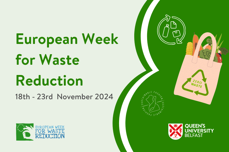 European Week for Waste Reduction / 18th - 23rd November 2024. Image includes recycling and sustainable fashion icons, sustainable shopping bag graphic, plus Queen's University Belfast and European Week for Waste Reduction logos