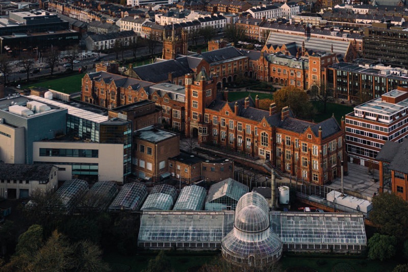 aerial view from the south-east of Queen's University Belfast Lanyon Building and surrounding campus