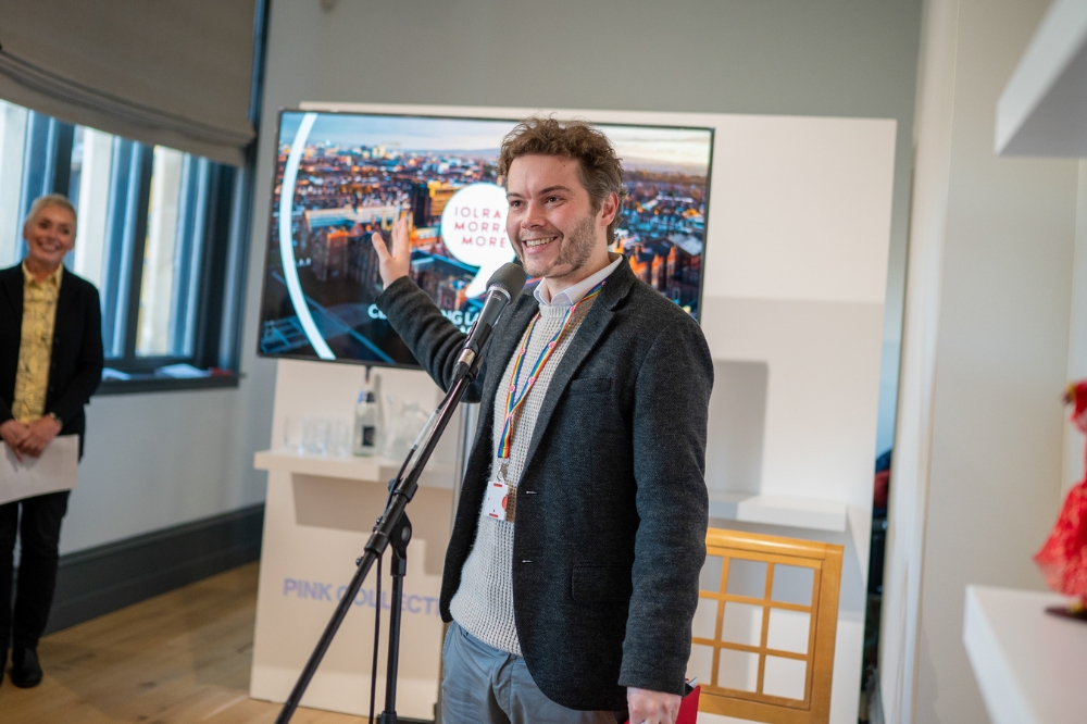 Thomas Smith, Head of The Language Centre at Queen's, speaking at the launch of Queen's new Staff Network for Promoting Linguistic Diversity and Minority Languages, in the Naughton Gallery