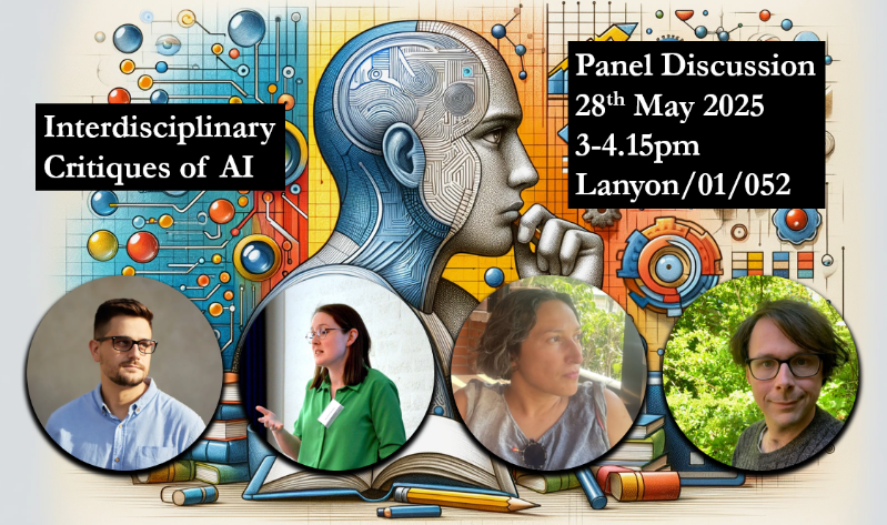 Event graphic promoting the Interdisciplinary AI Panel Discussion with images of key speakers overlaid