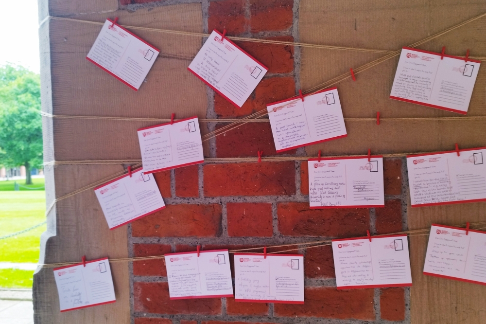 Postcards on Lanyon wall, Civic Mission event, May 2024