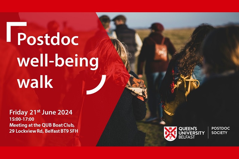 Postdoc Wellbeing Walk, June 2024 - image shows group of young adults walking outdoors
